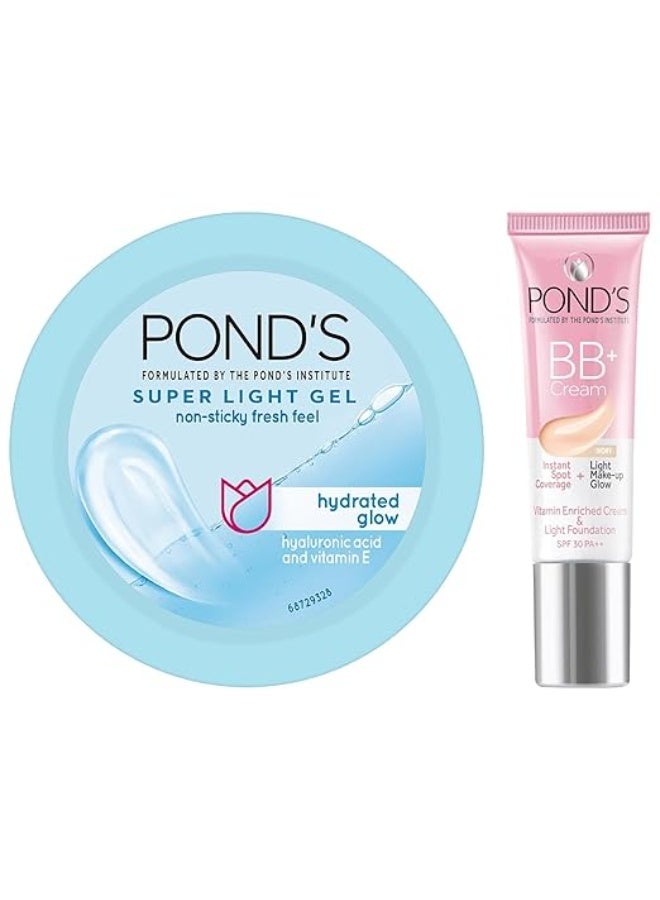 POND'S Super Light Gel Oil Free Face Moisturizer 49g, With Hyaluronic Acid & Vitamin E for Daily Use & POND'S BB+ Cream, Instant Spot Coverage + Light Make-up Glow, Ivory 9g - Image 1